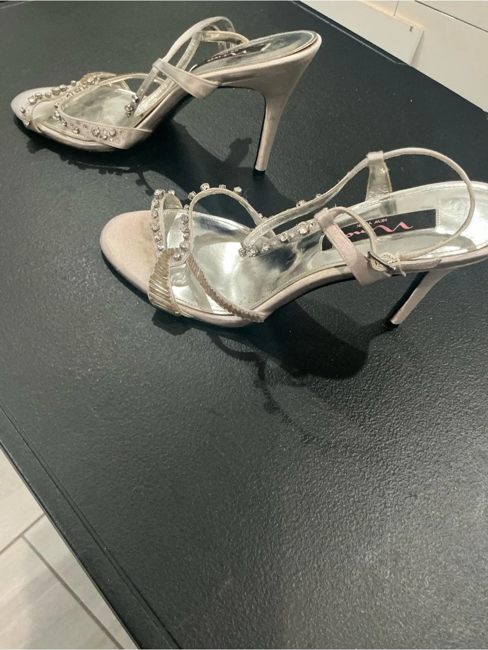 Nina, New York women, satin rhinestone ankle strap evening heels, size 10 M